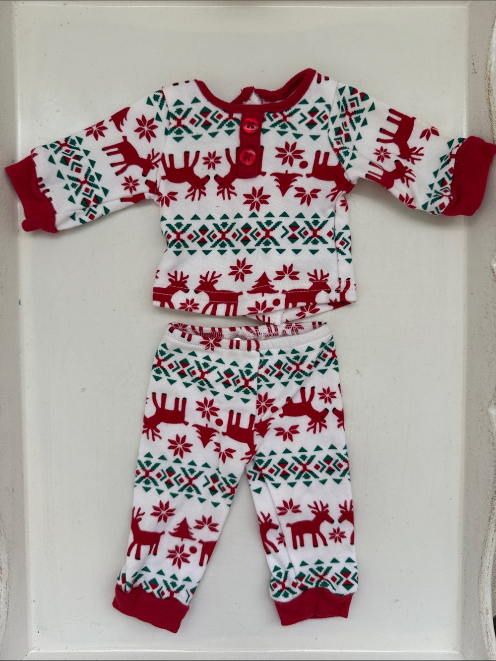 Dollie & Me Fair Isle Red, Green & White Reindeer 18” Doll Pajama Set